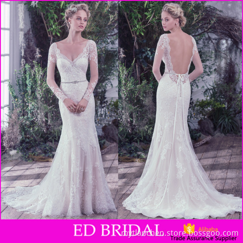 Fitted Custom Made Sexy V Neckline Appliques Sash Tulle Backless Long Sleeve Wedding Dress